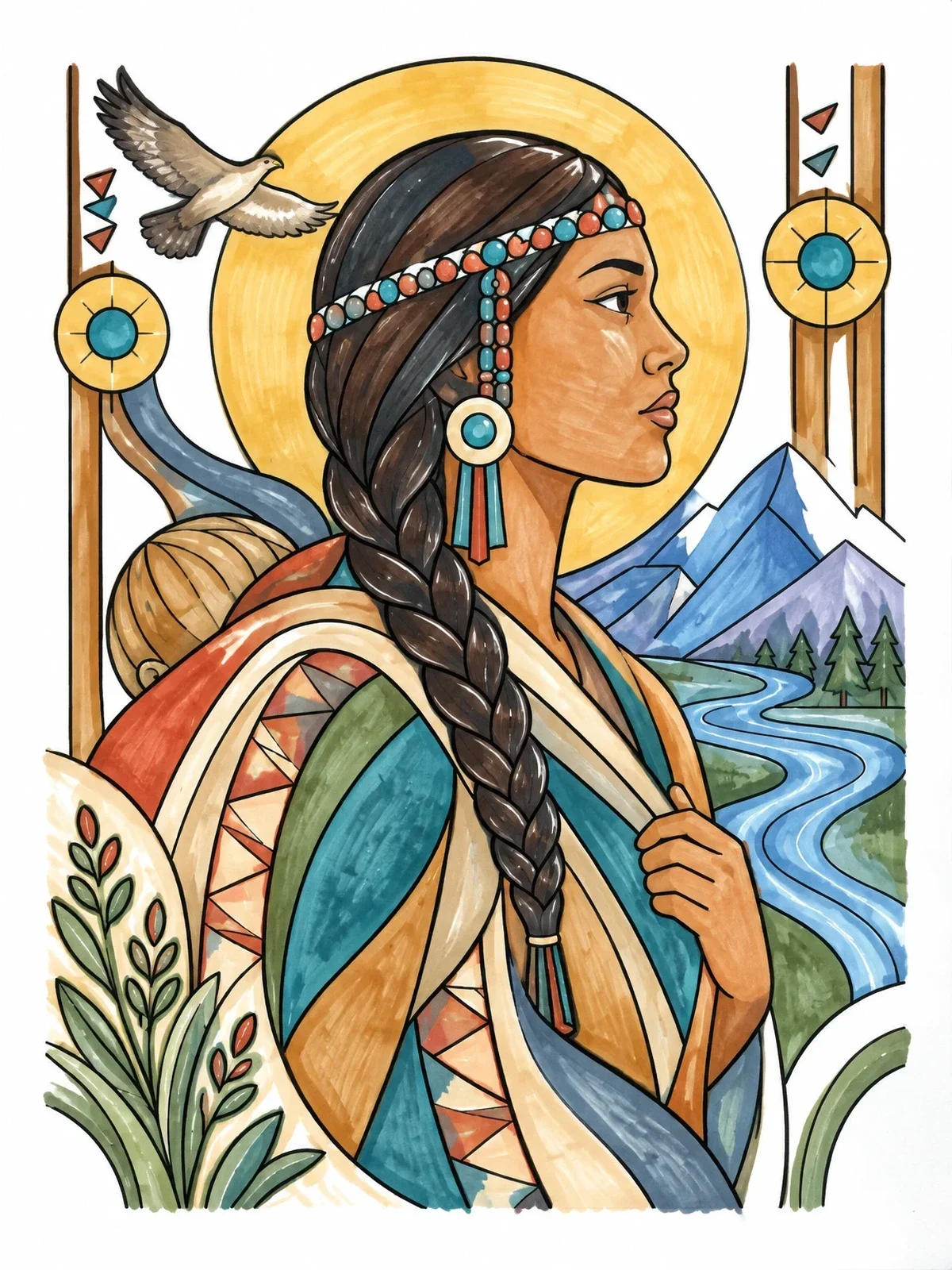Colored example of the Sacagawea Profile With Landscape coloring page