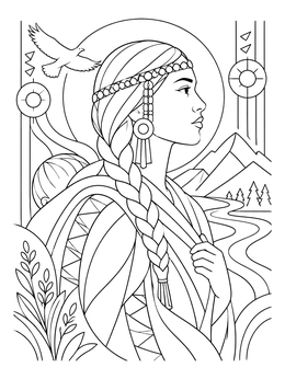 A detailed sacagawea coloring page featuring a profile portrait with a baby on her back and mountains.