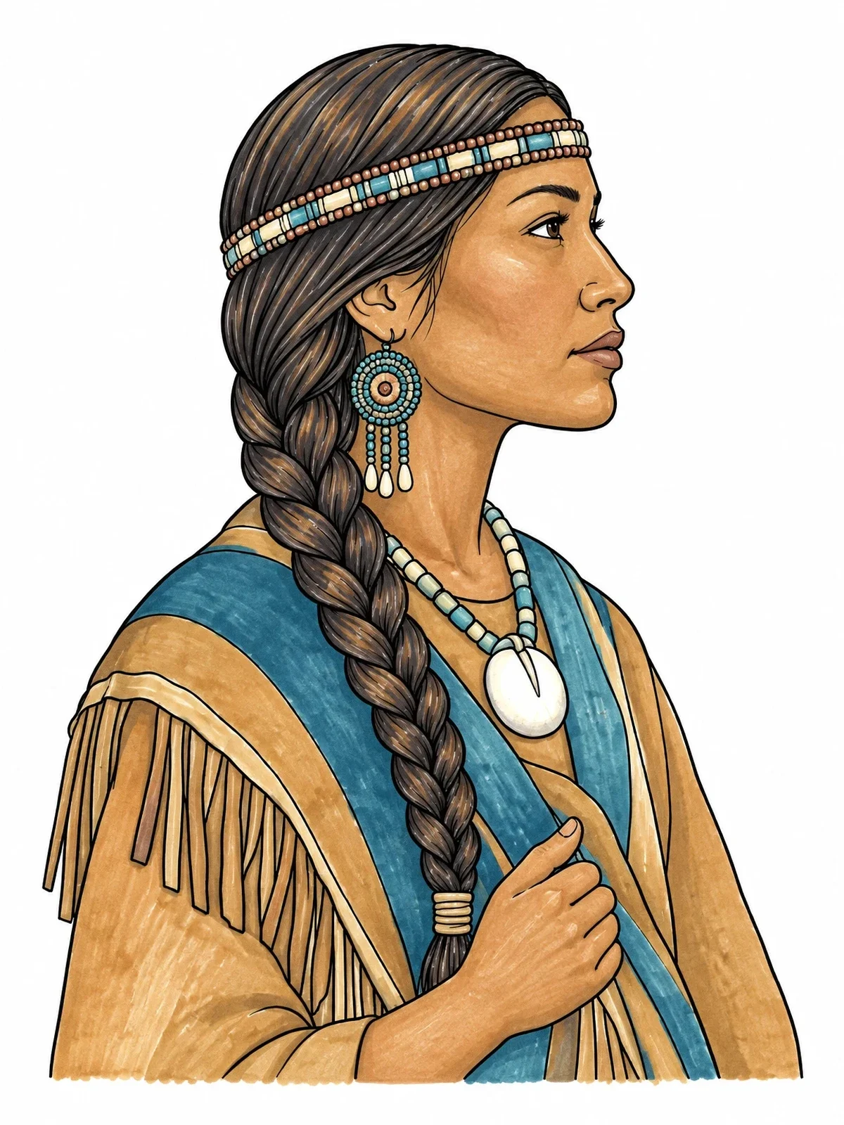 Colored example of the Sacagawea Profile Portrait With Braided Hair coloring page