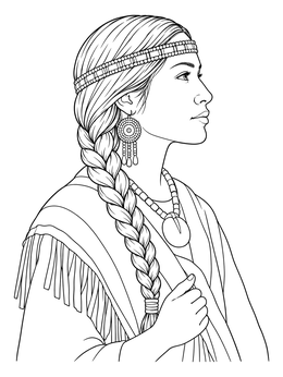 A detailed sacagawea coloring page showing a side profile portrait with braided hair and traditional jewelry.