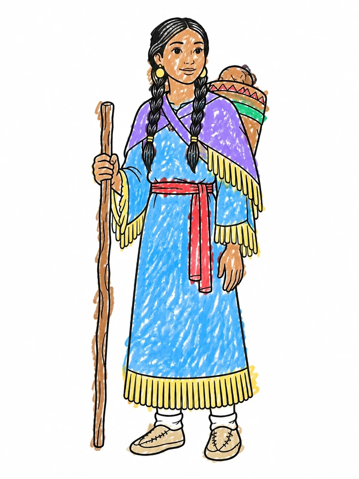 Colored example of the Sacagawea With Walking Staff And Cradleboard coloring page