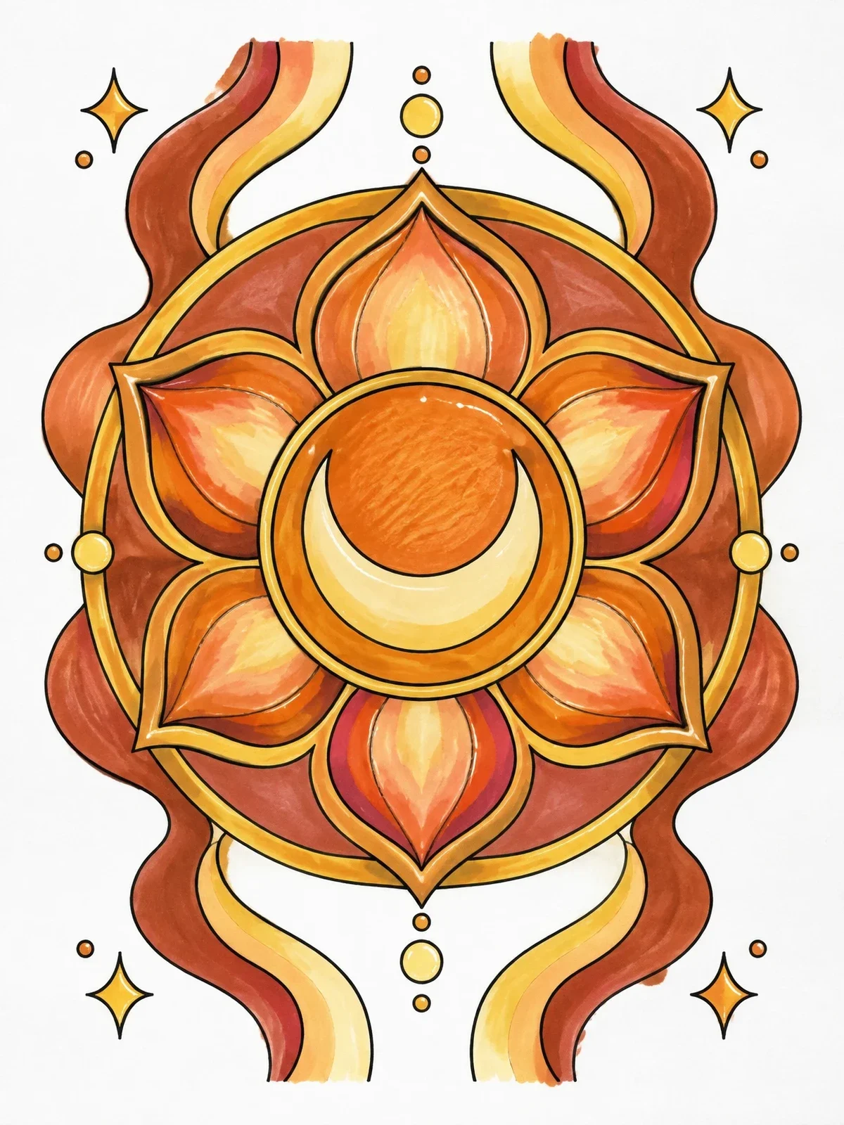 Colored example of the Sacral Chakra Crescent Moon Mandala coloring page