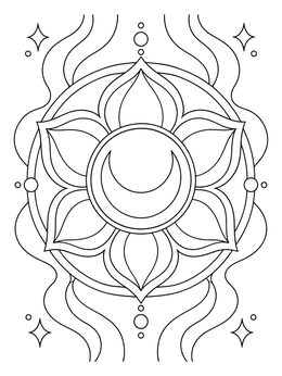Lotus mandala with crescent moon on this sacral chakra coloring page.