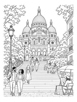 Visitors walk the steps toward Sacre-Coeur in this detailed Paris coloring page.