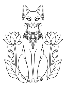 An ancient egypt coloring page showing a regal cat adorned with jewelry beside lotus blossoms.