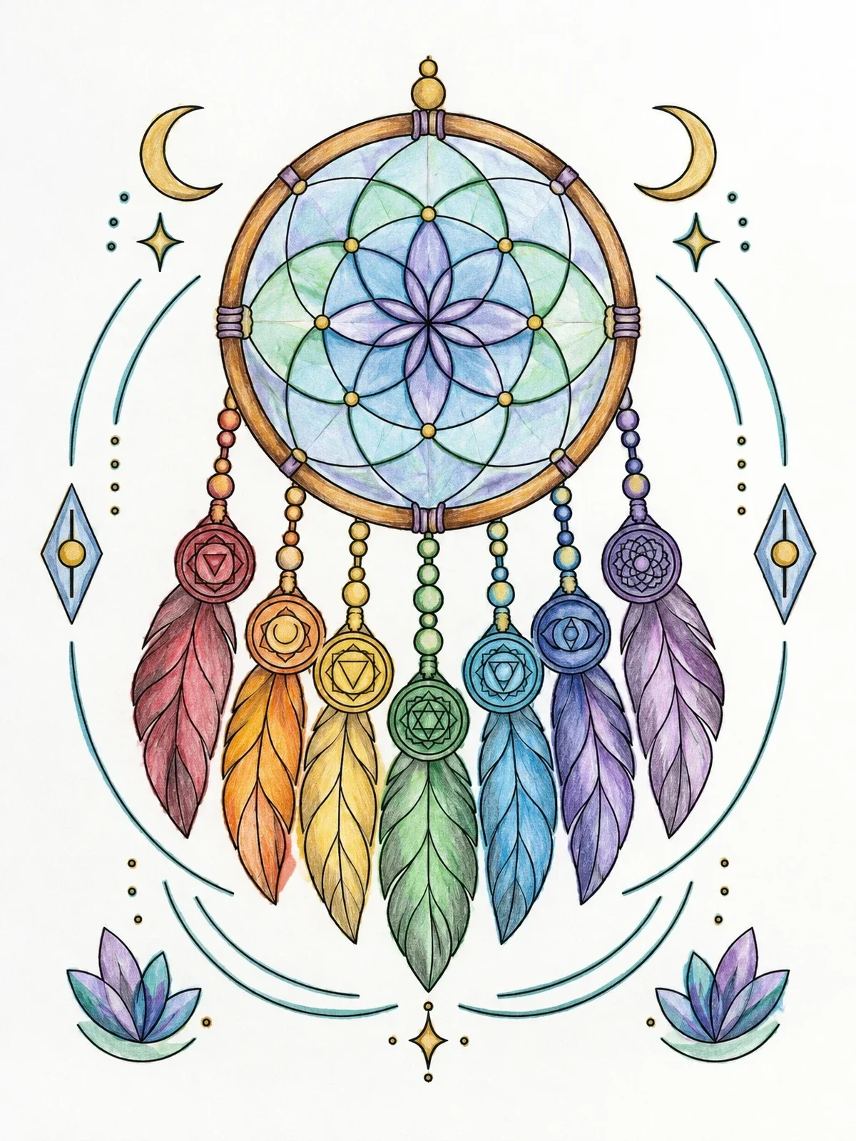 Colored example of the Sacred Geometry Chakra Dreamcatcher coloring page