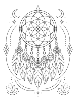 A detailed chakra coloring page featuring a sacred dreamcatcher with feathers and moon symbols.