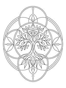 A geometric tree of life coloring page featuring intricate circles and flowing roots.