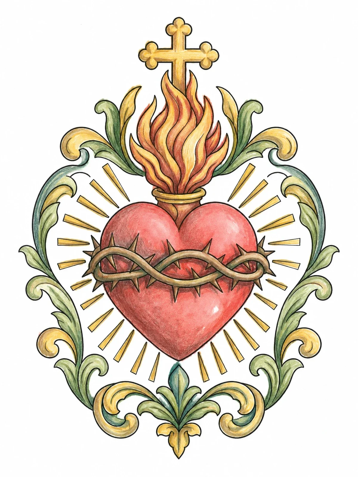 Colored example of the Sacred Heart With Cross And Thorns coloring page