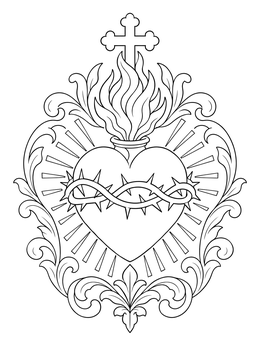 Detailed Sacred Heart with thorns in this cross and heart coloring page.
