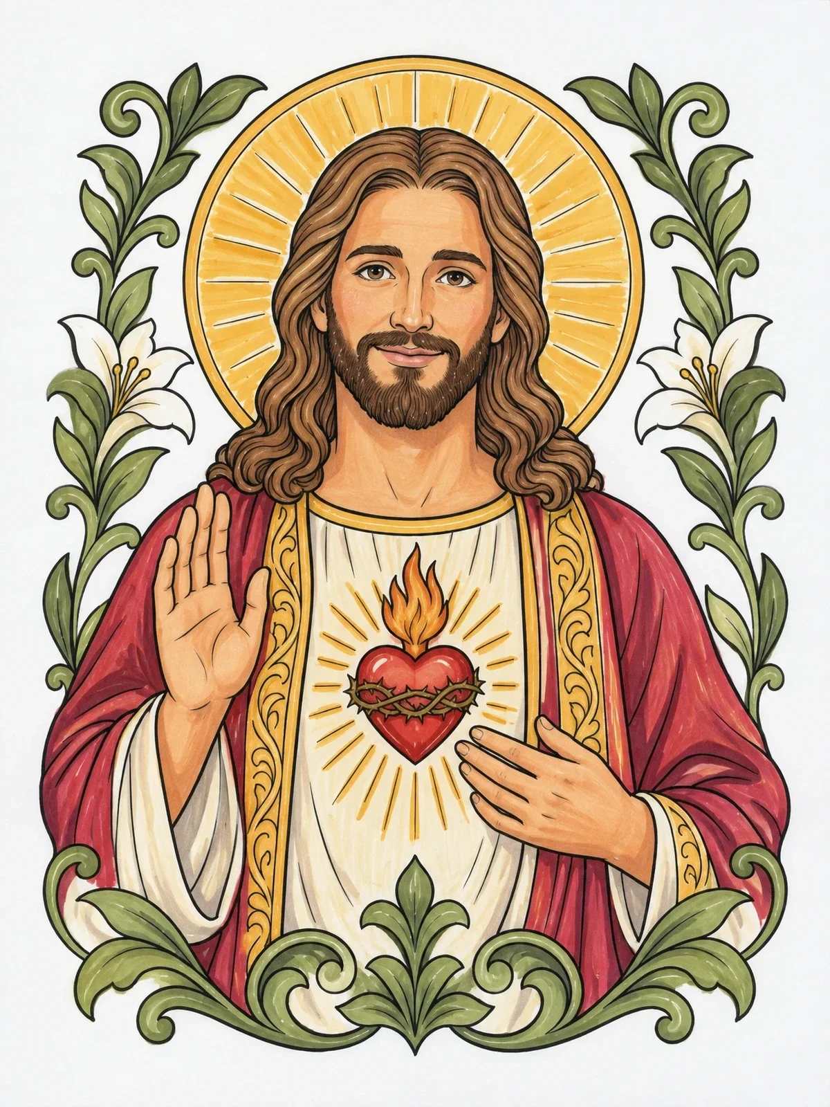 Colored example of the Sacred Heart Of Jesus Portrait coloring page