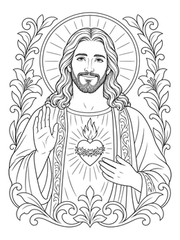 A detailed jesus coloring page featuring the Sacred Heart surrounded by floral borders.
