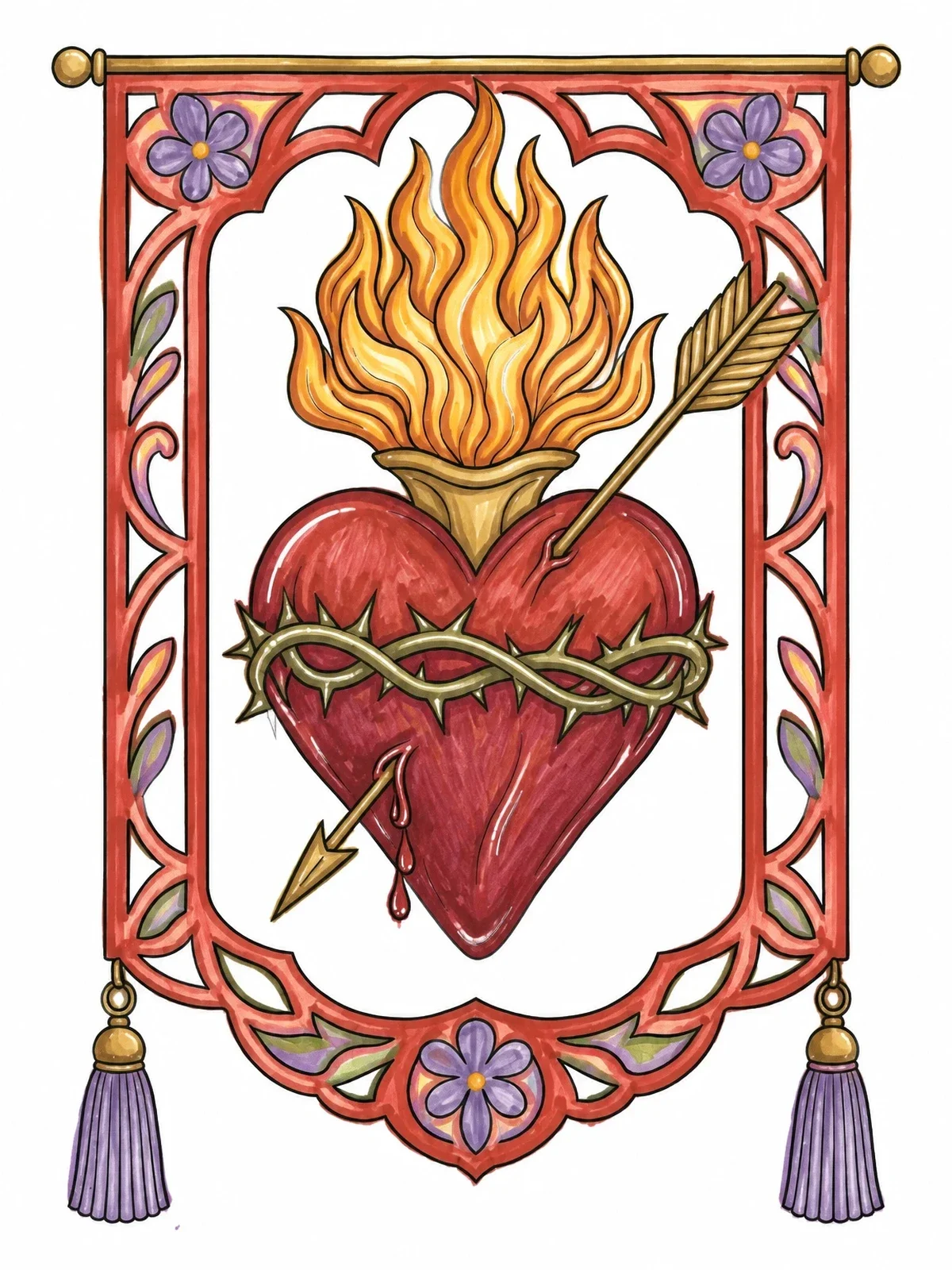 Colored example of the Sacred Heart Papel Picado Banner coloring page