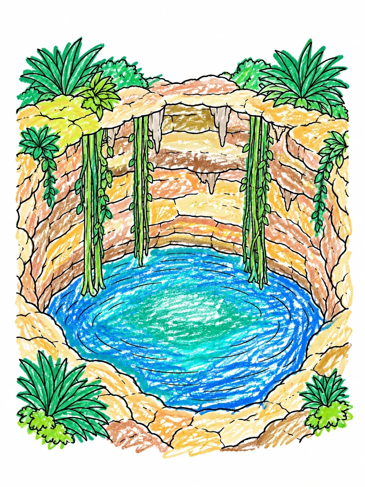 Colored example of the Sacred Maya Limestone Cenote coloring page