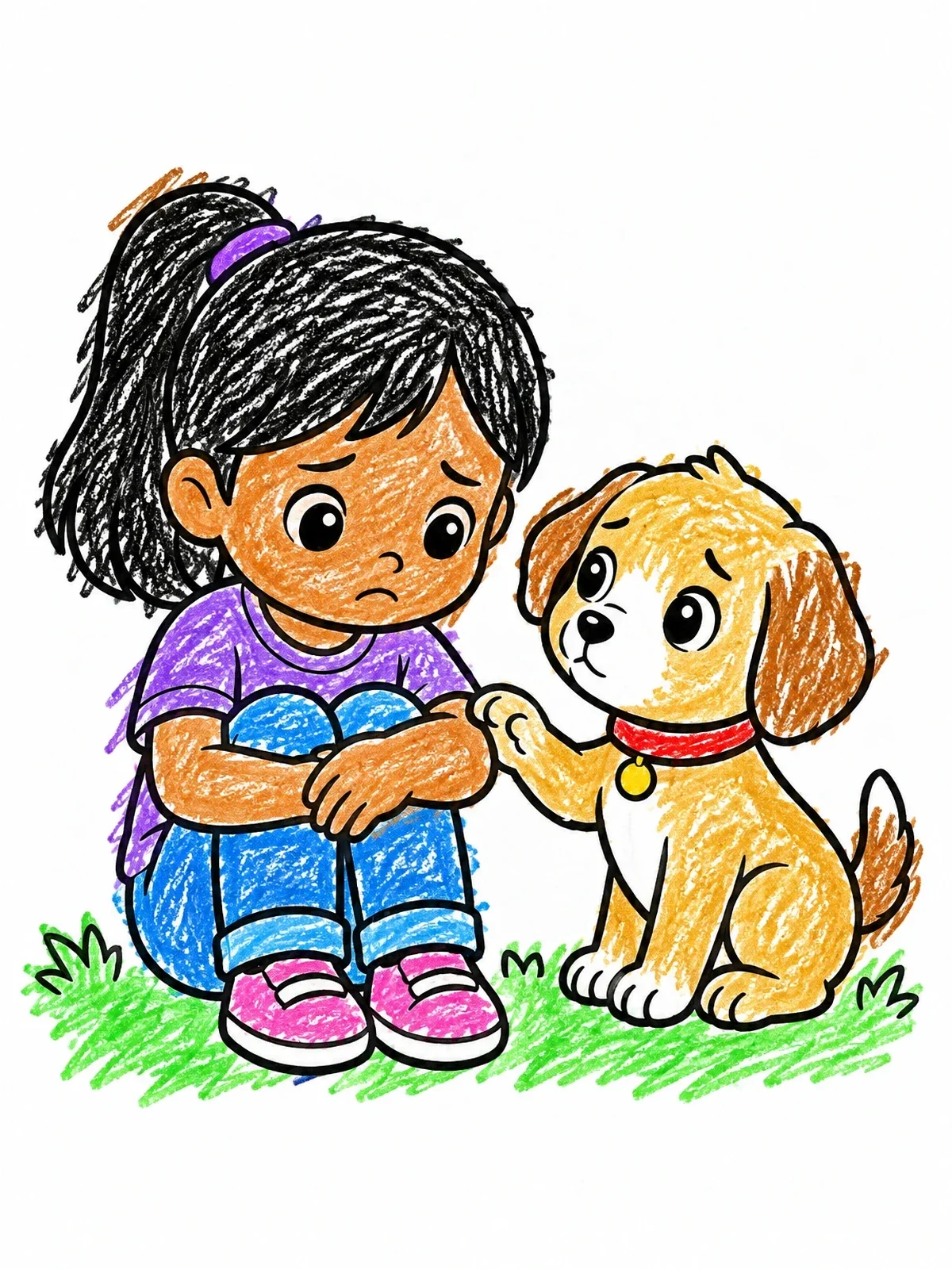 Colored example of the Sad Girl Comforted By Puppy coloring page