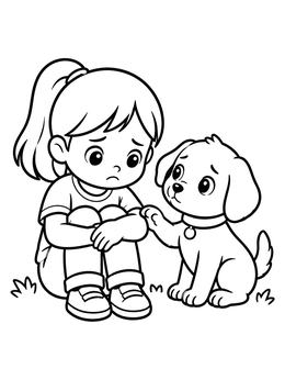 Free printable Sad Girl Comforted By Puppy coloring page