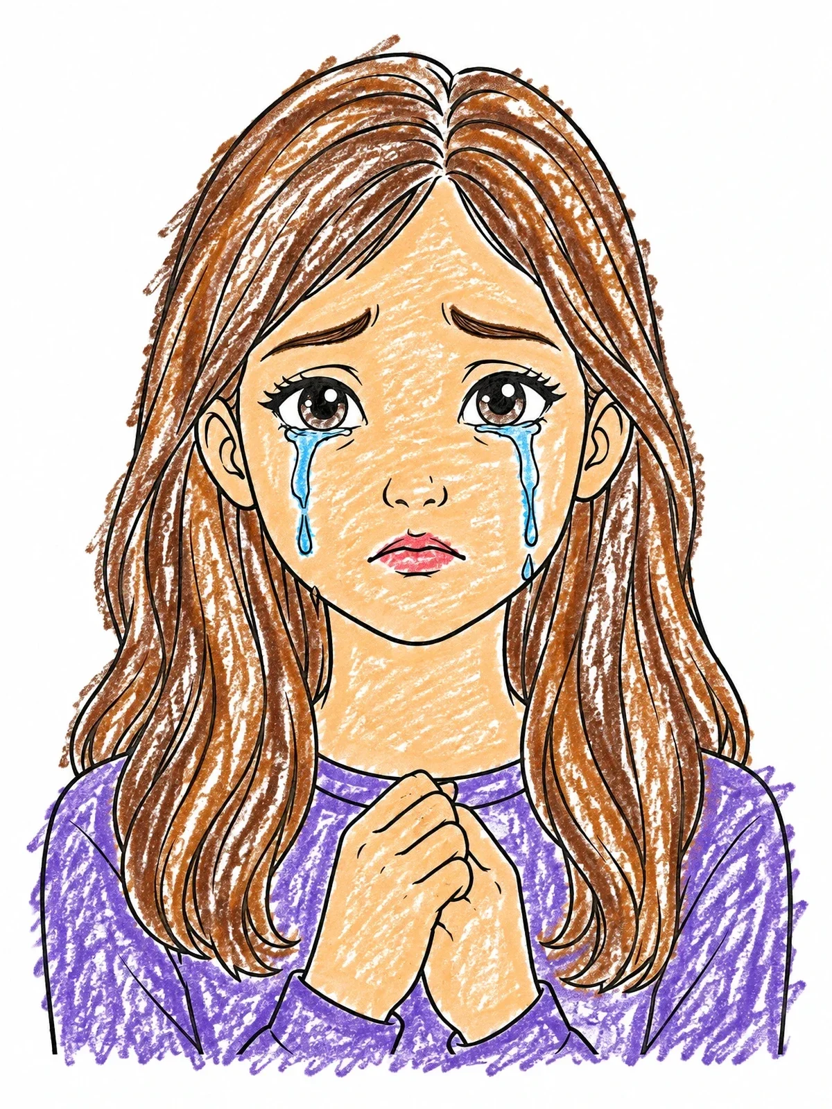 Colored example of the Crying Girl With Clenched Hands coloring page