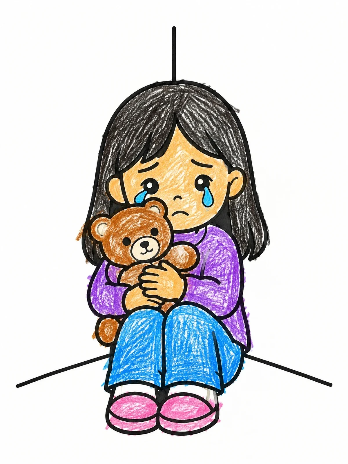 Colored example of the Crying Girl With Teddy Bear coloring page
