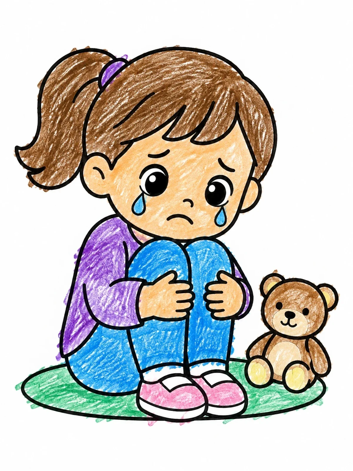 Colored example of the Sad Girl Crying With Teddy Bear coloring page