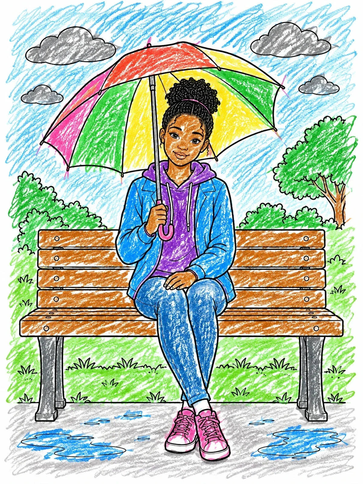 Colored example of the Girl With Umbrella On Park Bench coloring page