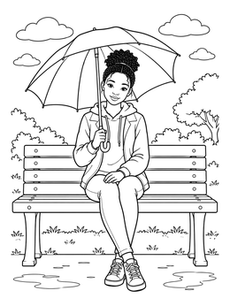 A peaceful sad girl coloring page showing a young woman holding an umbrella on a bench.
