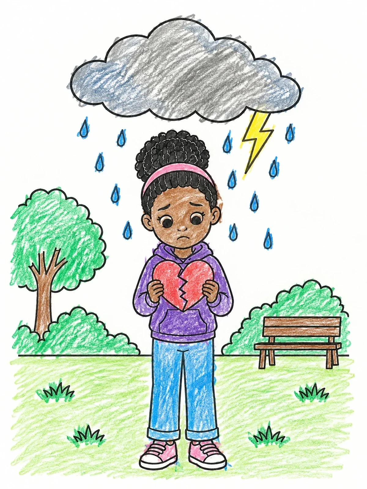 Colored example of the Sad Girl Under A Raincloud coloring page