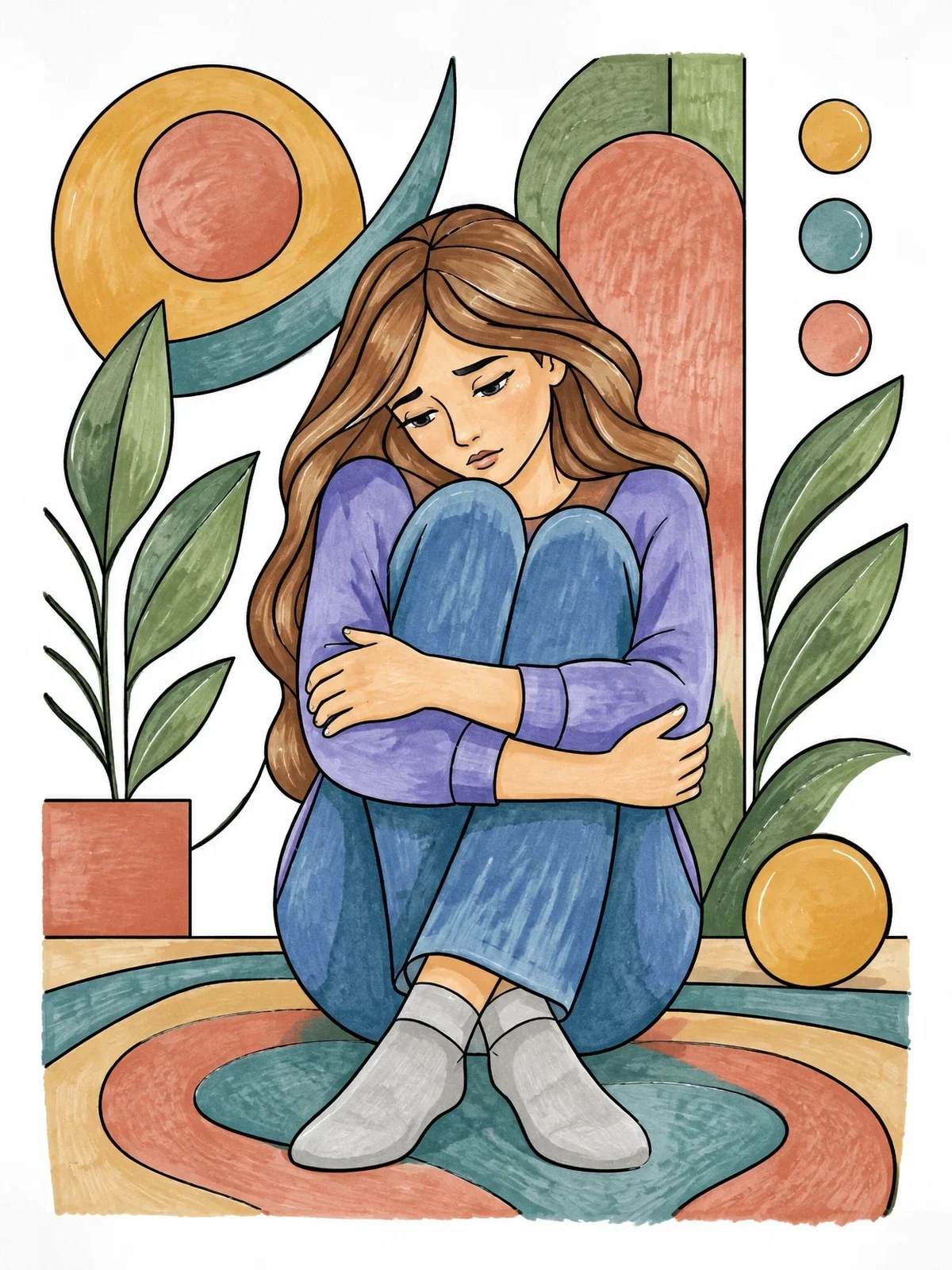 Colored example of the Sad Girl Hugging Her Knees coloring page