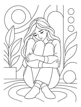 A pensive woman curled up indoors on this sad girl coloring page.