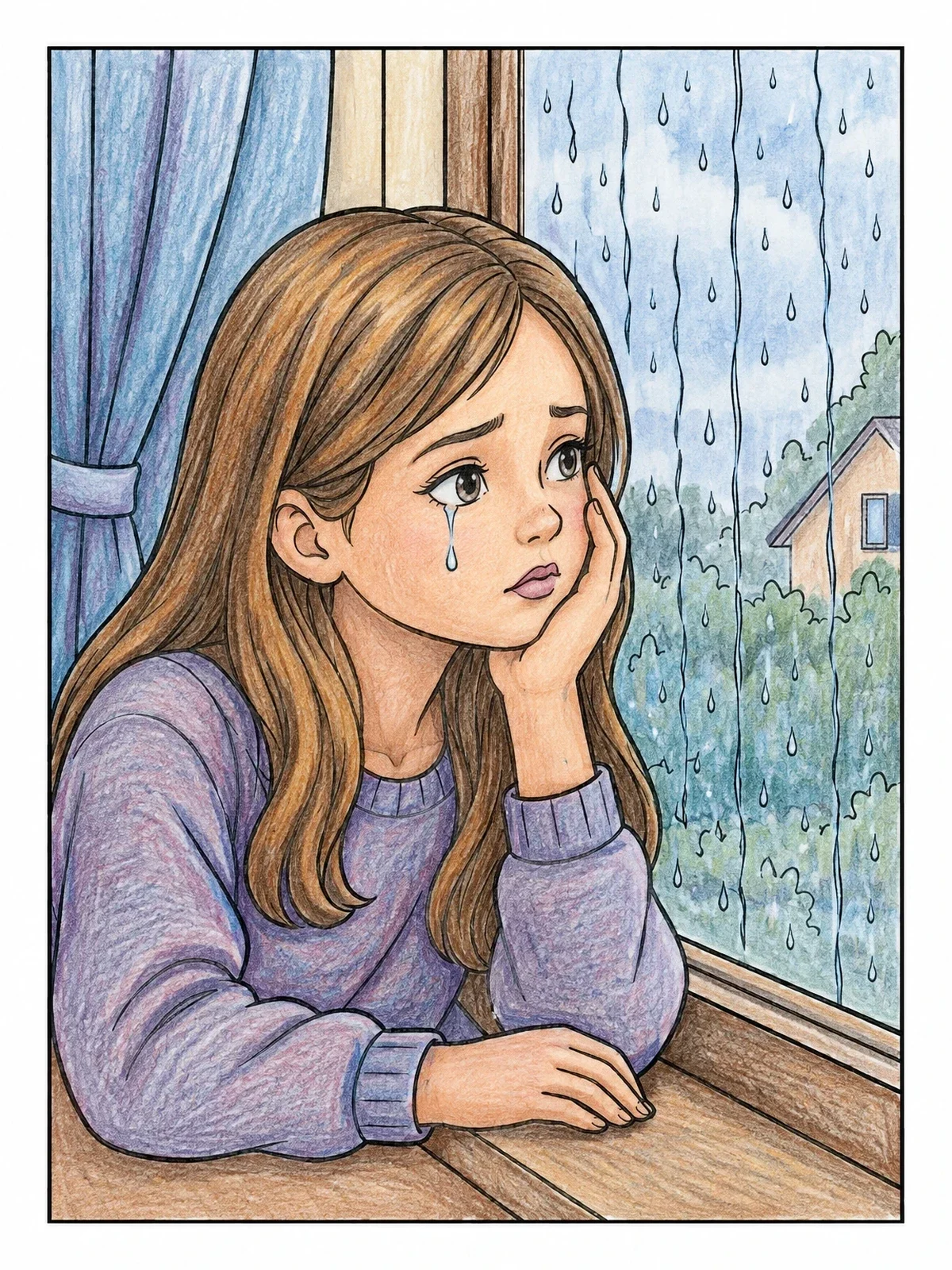 Colored example of the Sad Girl Looking At Rain coloring page