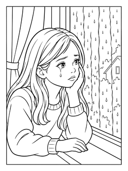 A thoughtful sad girl coloring page showing a tearful girl gazing out a rain-streaked window.