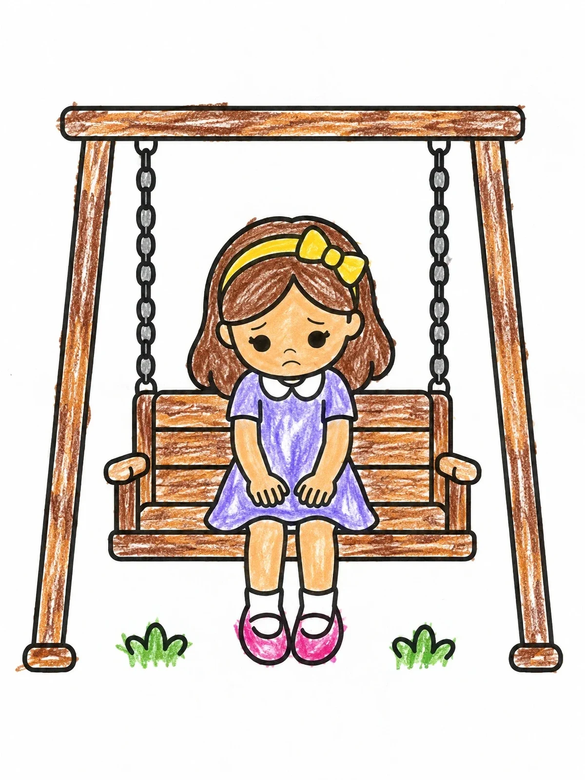 Colored example of the Sad Girl On Garden Swing coloring page