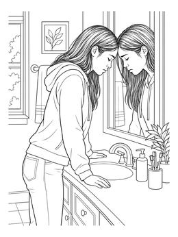 A thoughtful sad girl coloring page depicting a young woman resting her forehead against a bathroom mirror.