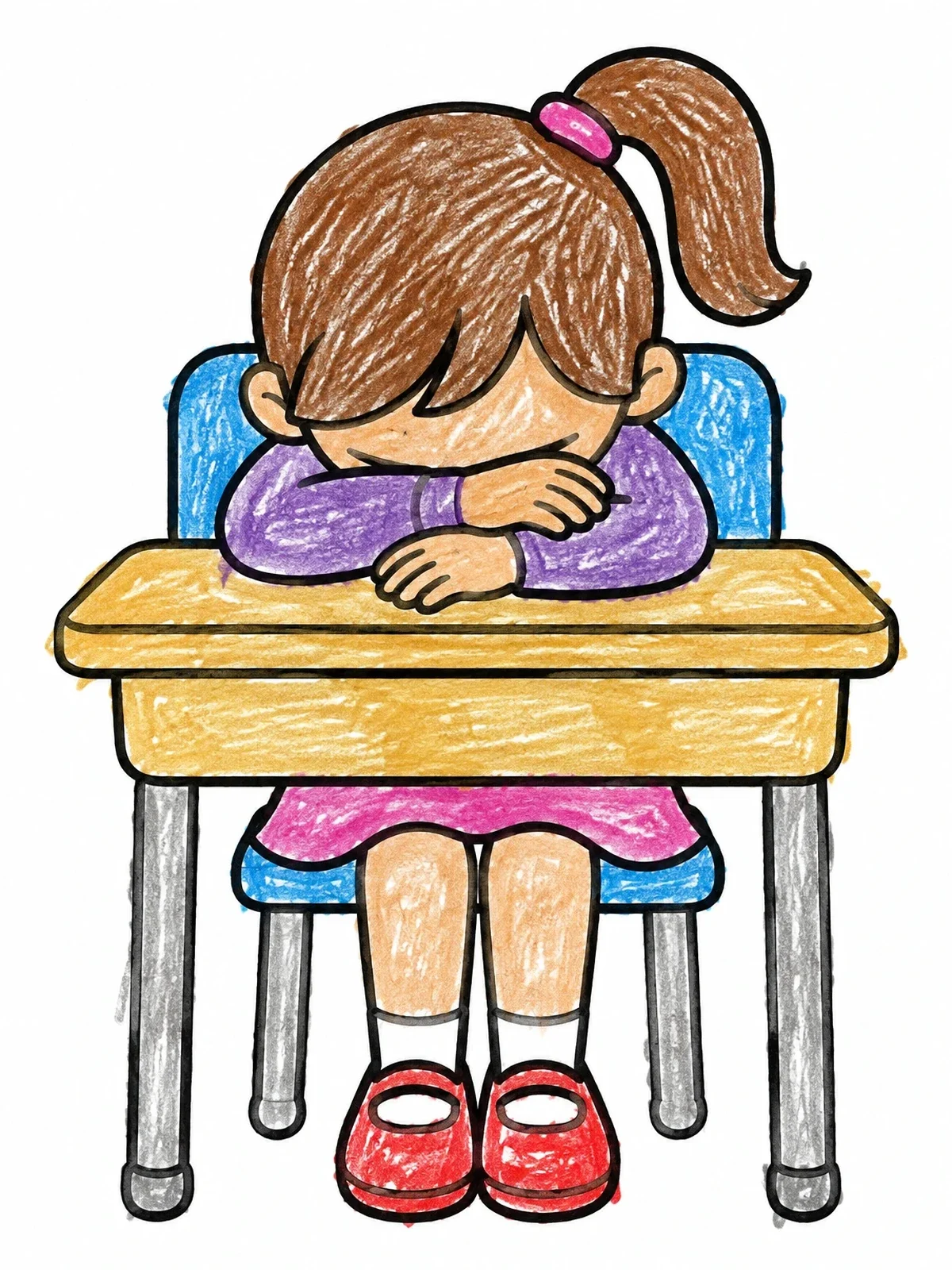 Colored example of the Sad Girl Resting At School Desk coloring page