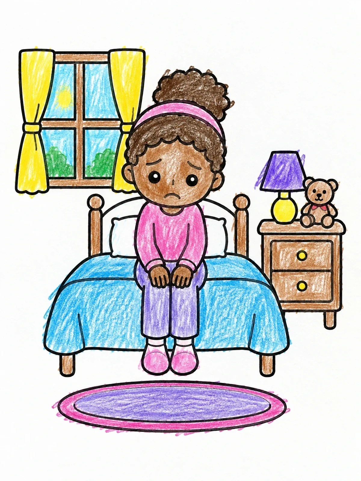 Colored example of the Sad Girl Sitting On Bed coloring page