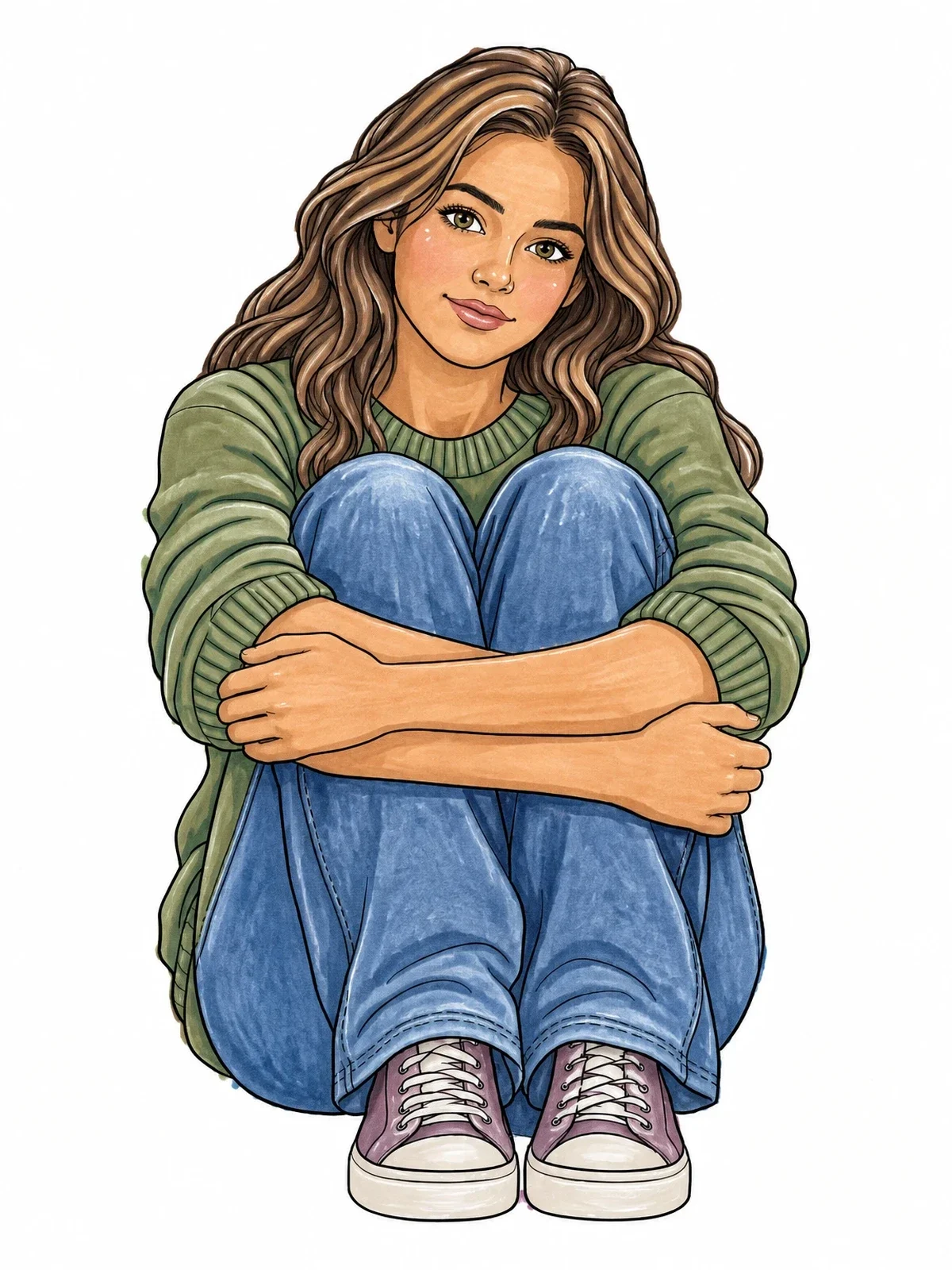 Colored example of the Thoughtful Girl Hugging Her Knees coloring page