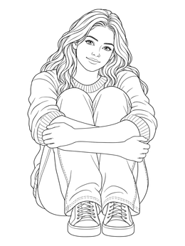 A thoughtful young woman in this sad girl coloring page sits hugging her knees.