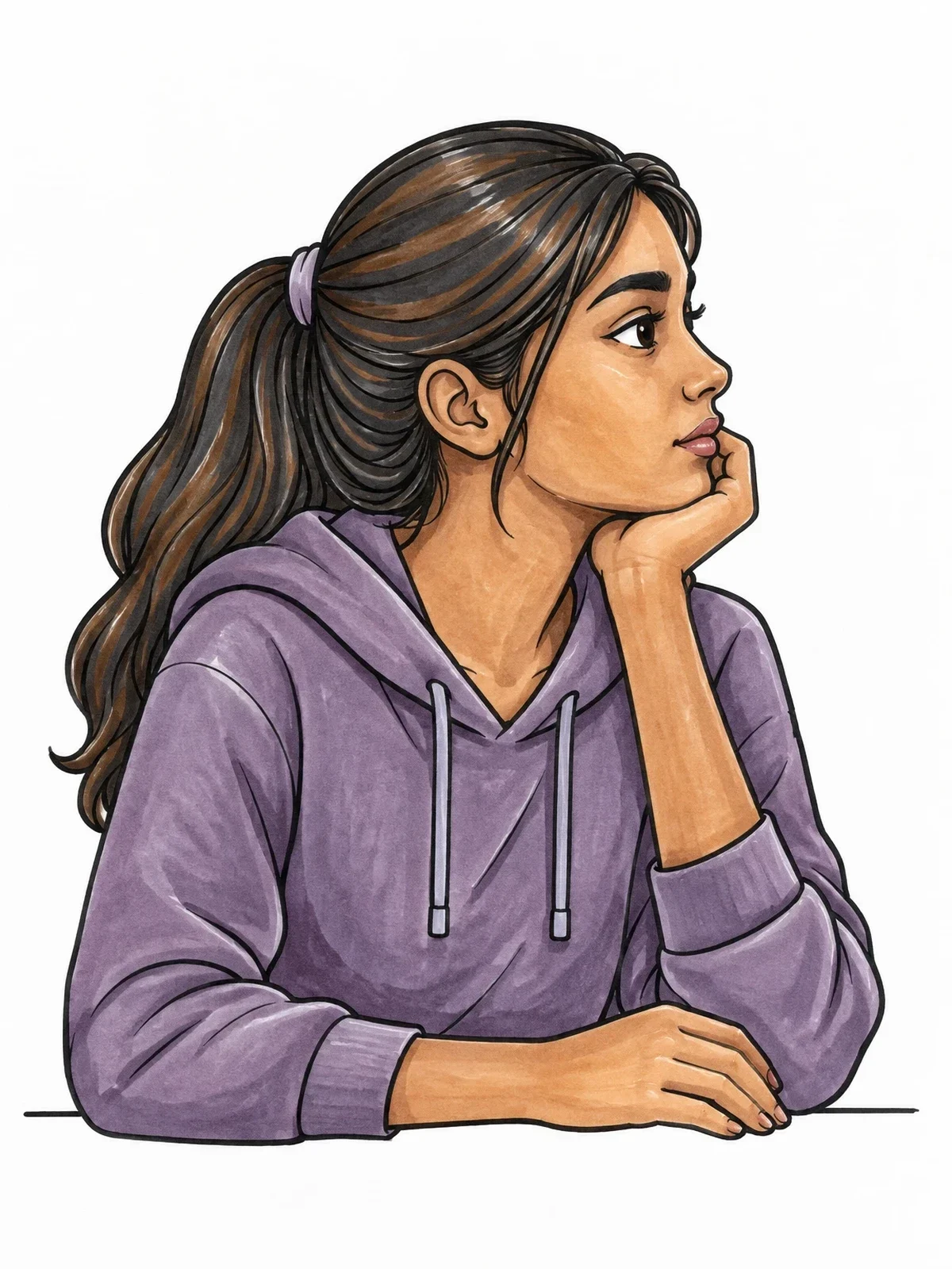 Colored example of the Thoughtful Girl In A Hoodie coloring page