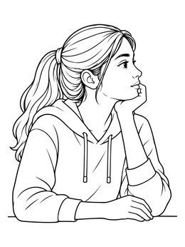A pensive teen resting her chin on her hand in this sad girl coloring page.