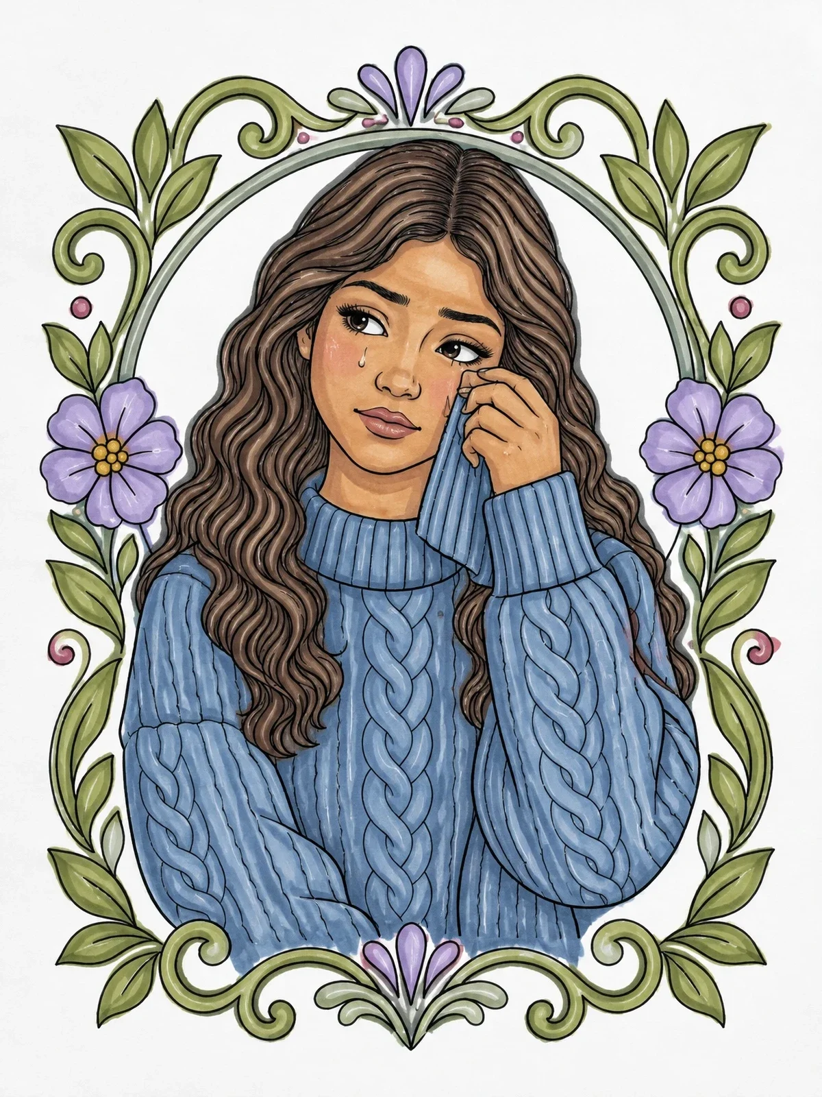 Colored example of the Tearful Girl In Cozy Knitted Sweater coloring page