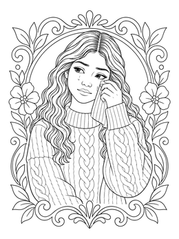 A touching sad girl coloring page framed with floral motifs as she wipes away tears with a tissue.