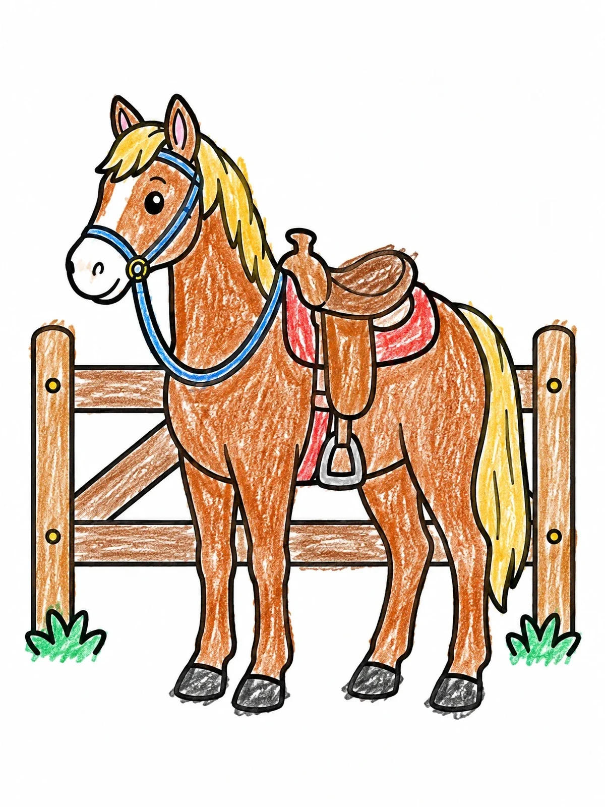 Colored example of the Saddled Horse By Paddock Fence coloring page