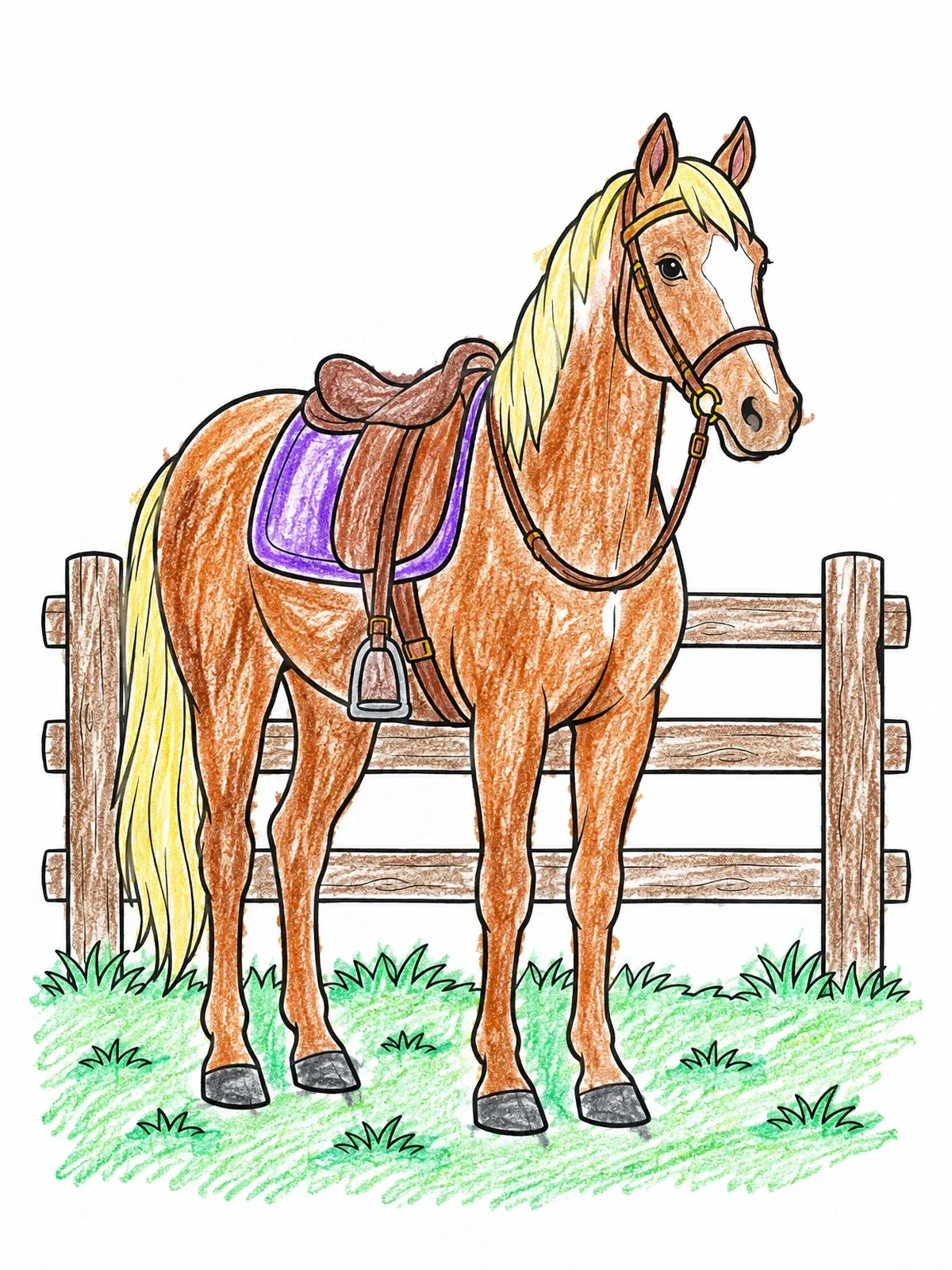 Colored example of the Saddled Horse By Wooden Pasture Fence coloring page
