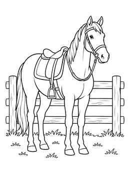 Free printable Saddled Horse By Wooden Pasture Fence coloring page