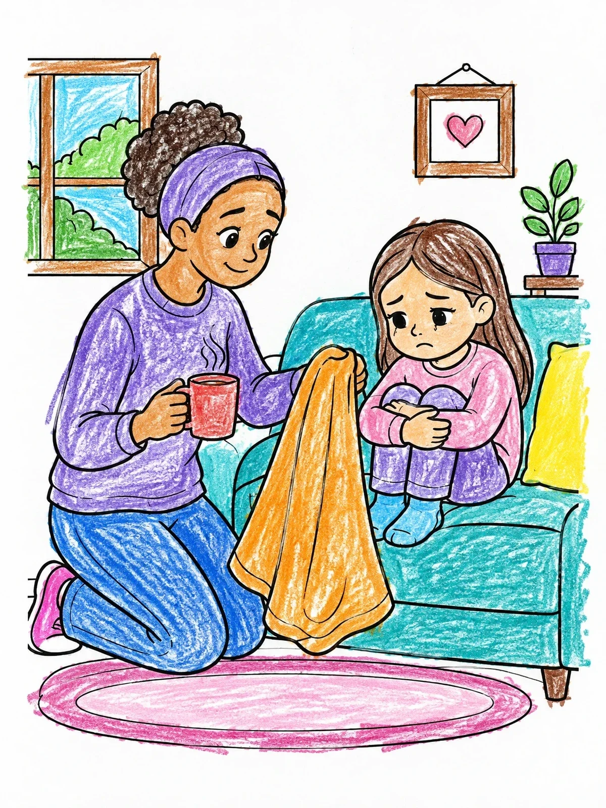 Colored example of the Comforting A Sad Child At Home coloring page