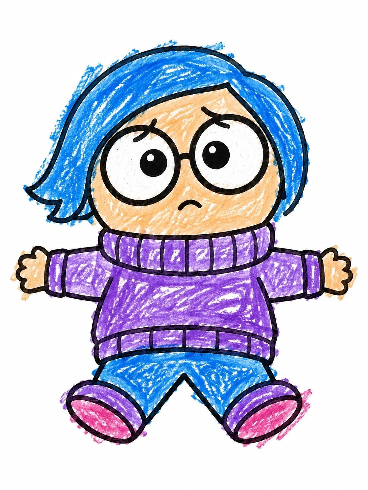 Colored example of the Cute Sad Emotion Character In Sweater coloring page