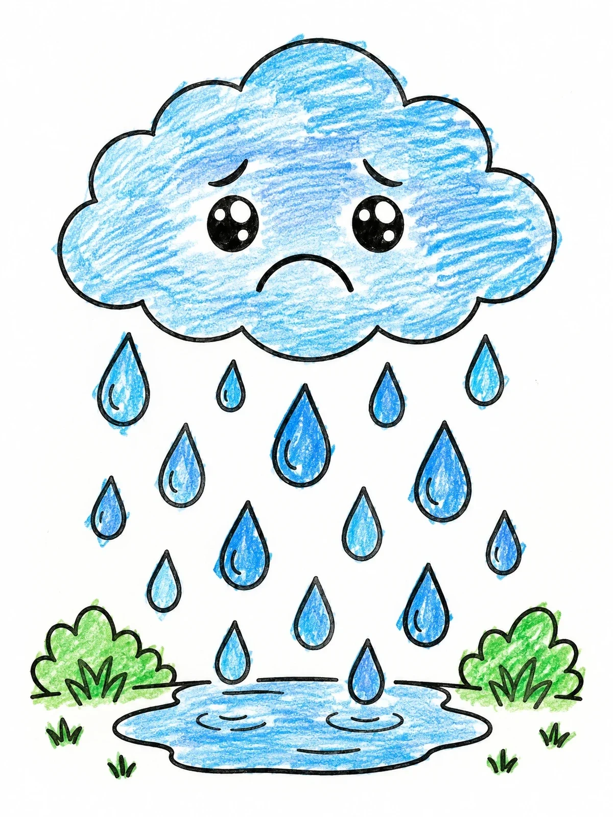 Colored example of the Cute Sad Rain Cloud coloring page