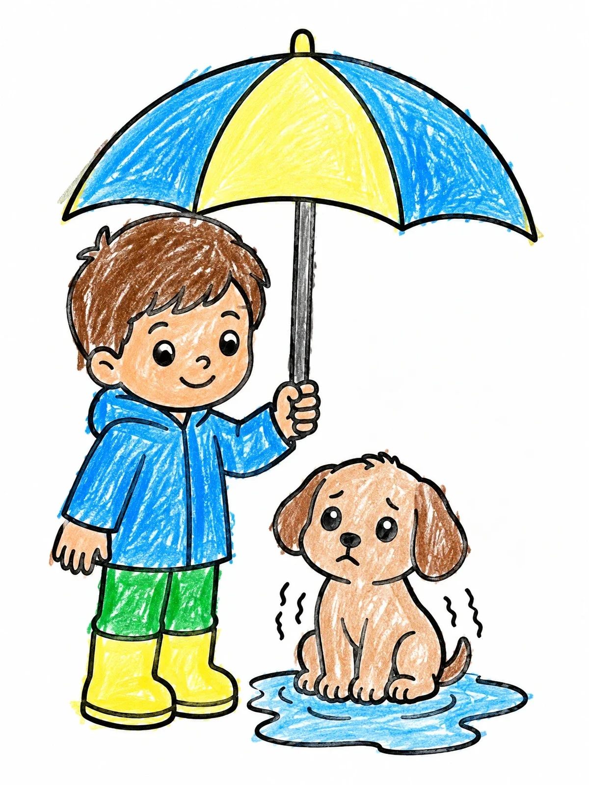 Colored example of the Kind Protecting Sad Puppy In Rain coloring page