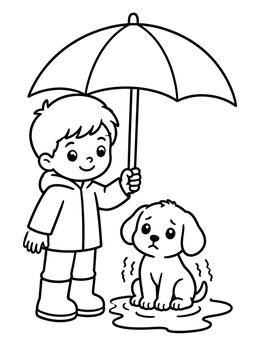 Free printable Kind Protecting Sad Puppy In Rain coloring page
