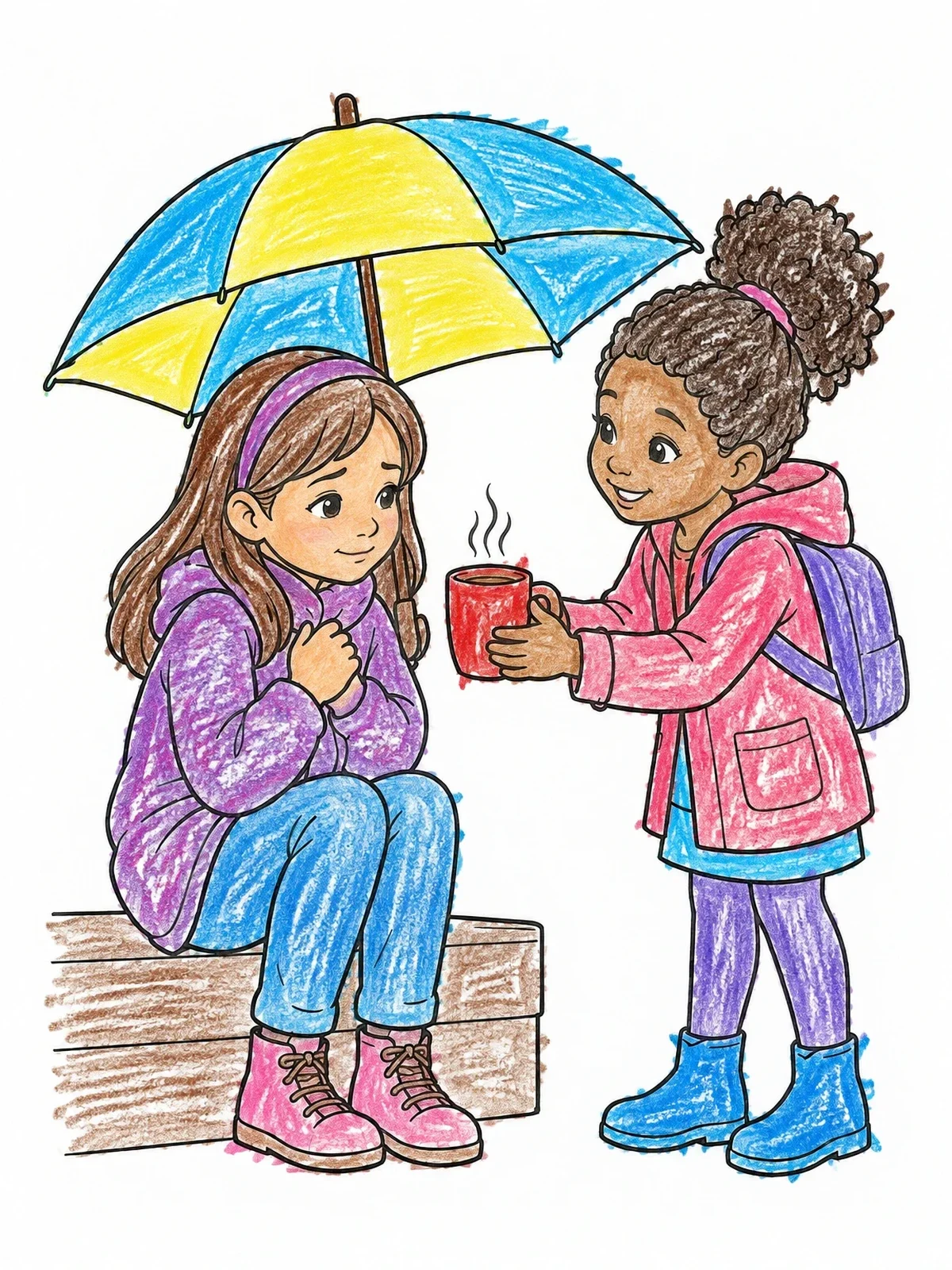 Colored example of the Kind Friend Sharing A Warm Mug coloring page