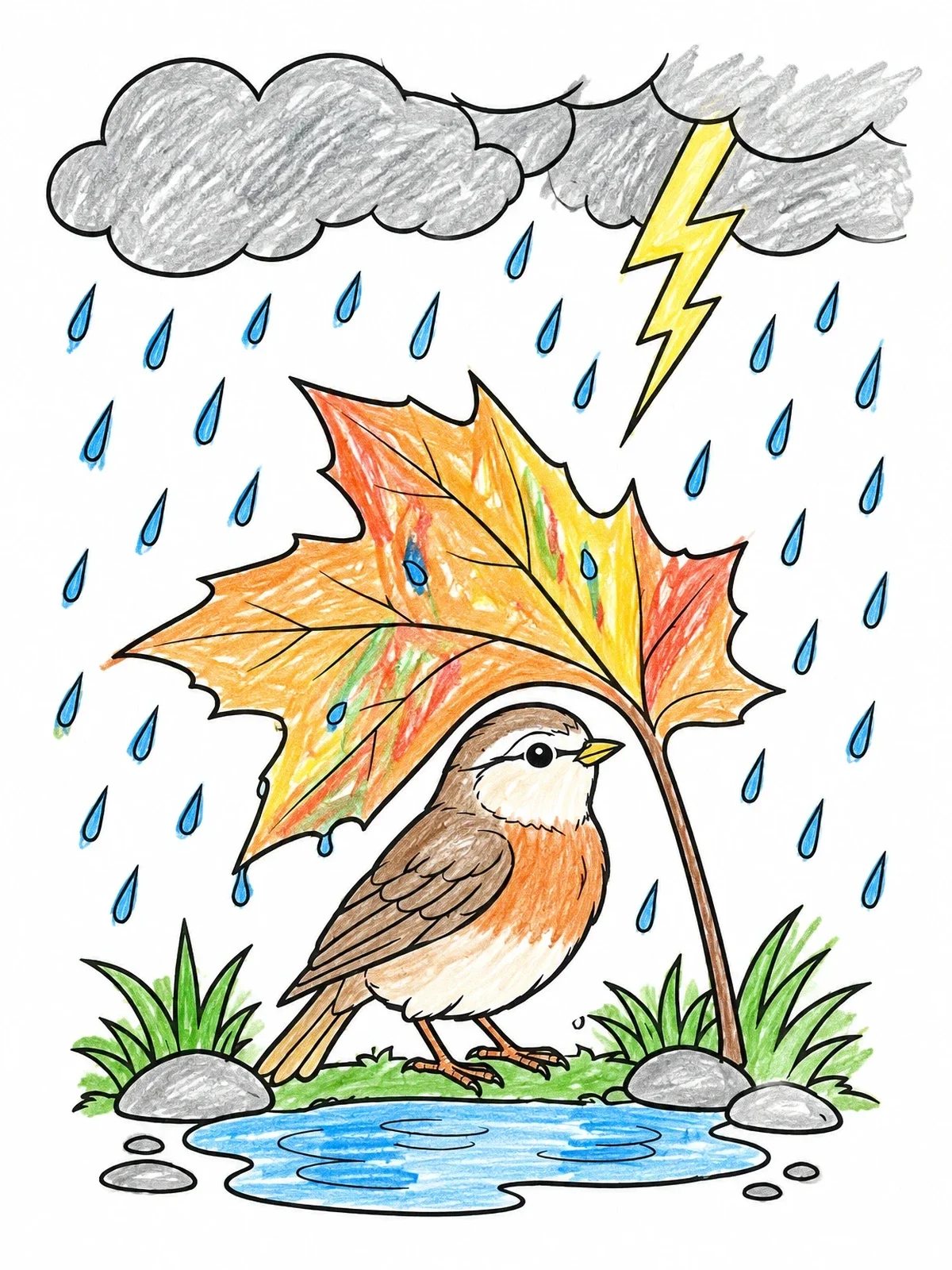 Colored example of the Little Bird Sheltering From The Storm coloring page